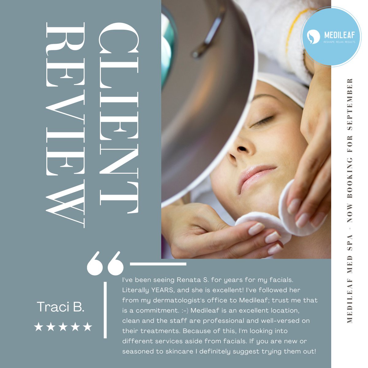 MedileafSpa's tweet photo. We love client reviews! 😍✨ Here is our most recent one from our wonderful client Traci! We take such pride in all of our services. We are filling up for September so please book with us and get a moment of zen for yourself 💕 We could all use a little bit of TLC!
.
.
#medileaf https://t.co/cfcBQcAOaa