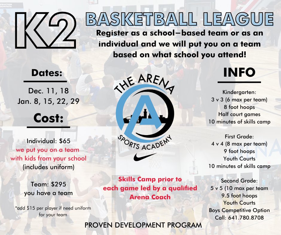 🚨K2 🏀 League Registration is Open!!

🏀 Individual Registration
- We put you on team with kids from your community (friend requests ok)

🏀 Team Registration
-You have a school team already made

Register here: thearenasiouxcity.com/sports/leagues…

Text Questions to: 641.780.8708