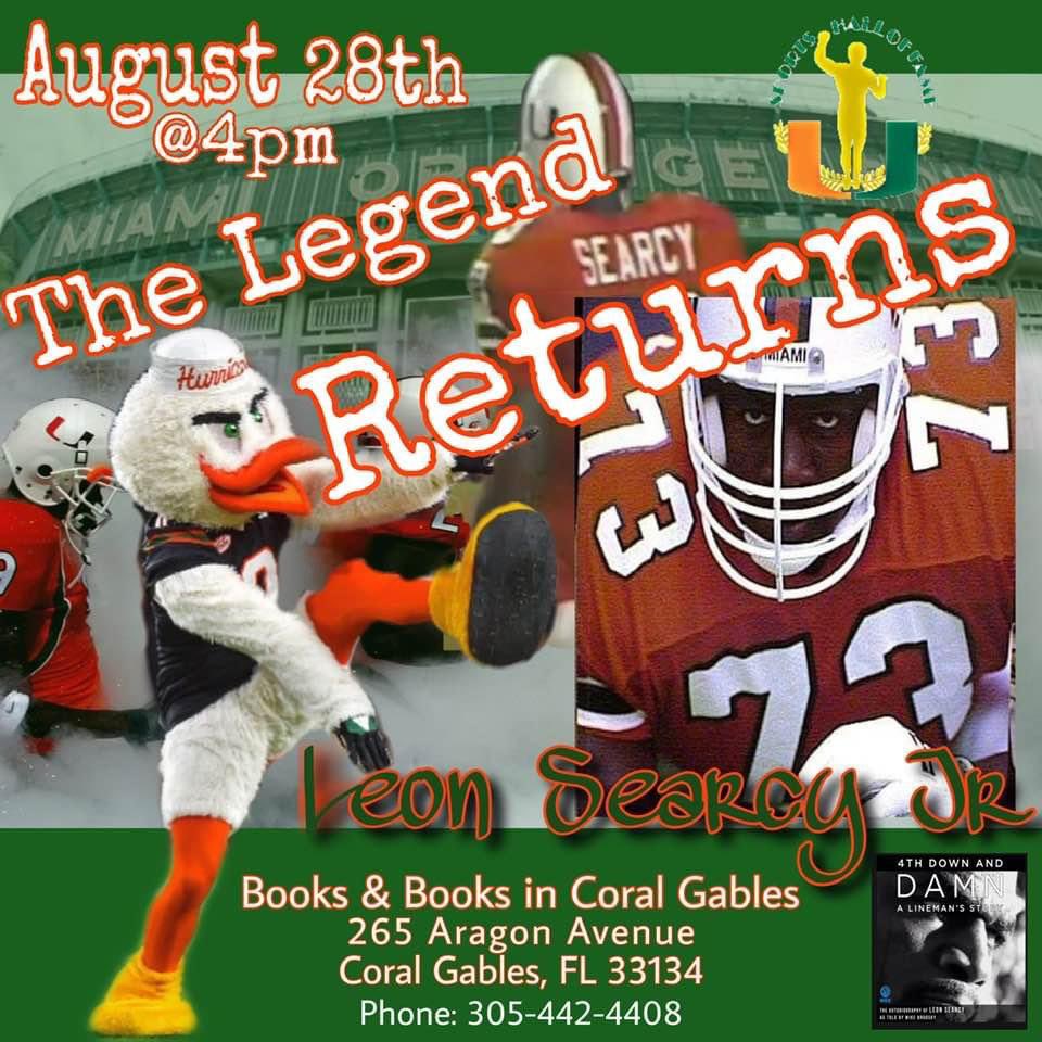 Join us for Q&amp;A with <a href="/searcy_leon/">Leon Searcy</a> and ask your <a href="/MiamiHurricanes/">Miami Hurricanes</a> questions! (Also <a href="/steelers/">Pittsburgh Steelers</a> and <a href="/Jaguars/">Jacksonville Jaguars</a>.) And get your signed copy of #4thDownAndDAMN. RSVP here: booksandbooks.com/event/in-perso… #LeonSearcy #GoCanes #MiamiHurricanes #Hurricanes #TheU #NFL #Steelers #Jaguars #CanesFootball