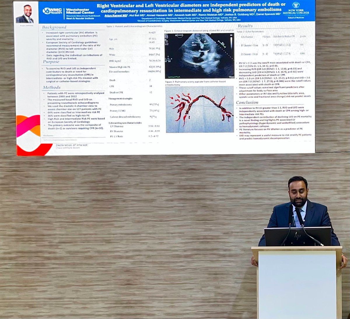 Congrats @ArjunKanwalMD for presenting our exciting data @escardio! RV & LV diameters as risk factors for mortality in high-risk PE. Adding to the evolving landscape of #PERT!👏🏽 @GoldbergJBCTMD @ameeshisath @Doc_Hassanin @SrihariNaiduMD #ESCCongress #CardioTwitter #WMCCardiology