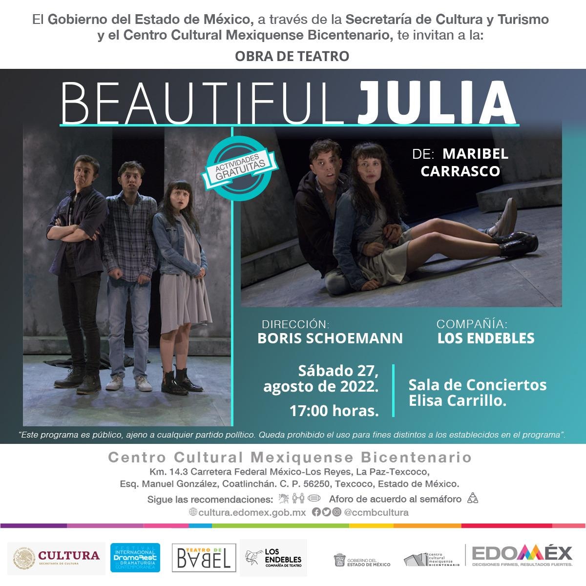 Corre al Centro Cultural Mexiquense Bicentenario (<a href="/ccmbcultura/">Centro Cultural MB</a>) para disfrutar "Beautiful Julia". ¡Acceso gratuito! ¡Los esperamos!

#ArtesEscénicas #EntradaLibre #EntradaGratuita #Entretenimiento