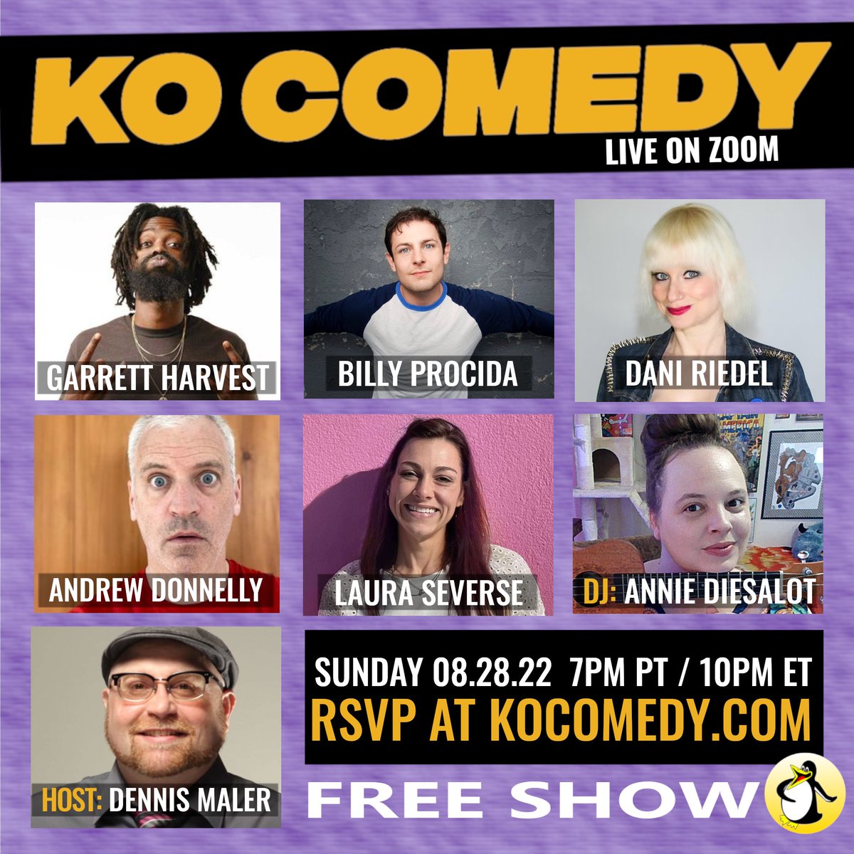 Tomorrow night! Join host <a href="/DeadairDennis/">Deadair Dennis Maler</a> as he welcomes <a href="/garrett_harvest/">Garrett Harvest</a> <a href="/TheBillyProcida/">Billy Procida</a> <a href="/LauraSeverse/">El G</a> <a href="/InactiveLush/">Dani Riedel</a> &amp; <a href="/andrewdonnelly/">Andrew Donnelly</a>. 7pm PT/ 10pm ET. Get your free link at KOComedy.com
#SundayVibes #Comedy #StandUpComedy