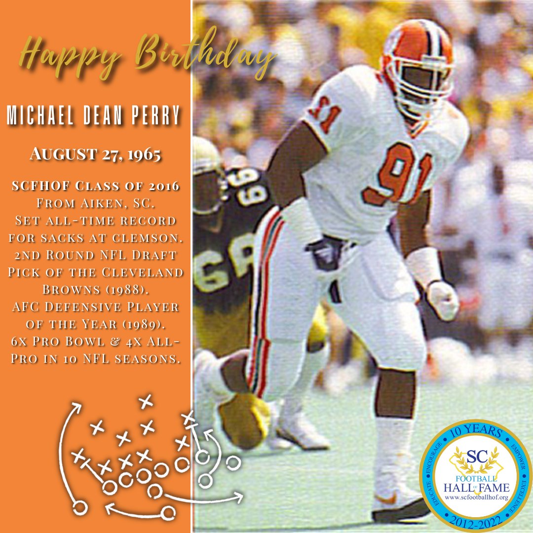 SCFootballHOF's tweet image. Happy Birthday to Aiken &amp;amp; @ClemsonFB legend Michael Dean Perry!  MDP was a 6x Pro Bowler in 10 seasons @nfl.  He also is known to have been kicked out of practice by Coach Ford for playing too well. 🤣 #AllIn #SCFHOF16
scfootballhof.org/inductees/indu…