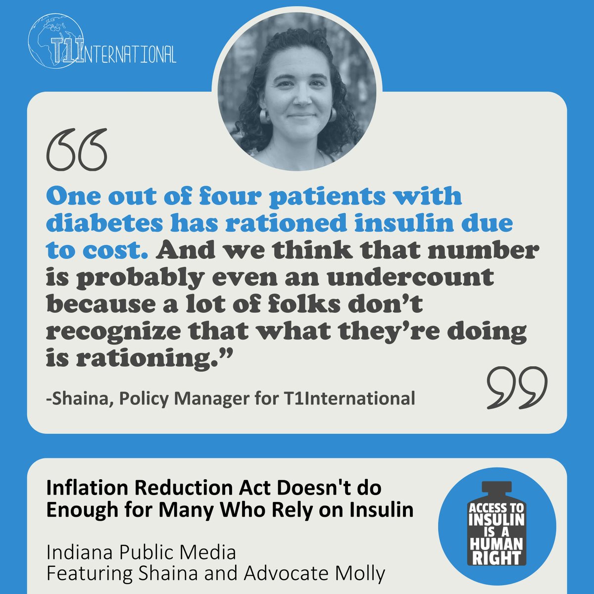 t1international's tweet photo. No one should have to ration insulin to survive. In the media, conversations continue in the fallout of the IRA and what it means for people with diabetes. 

Read this piece in Indiana Public Media featuring T1International and local advocates: https://t.co/19OKu53XKl https://t.co/hRc6rGIIby