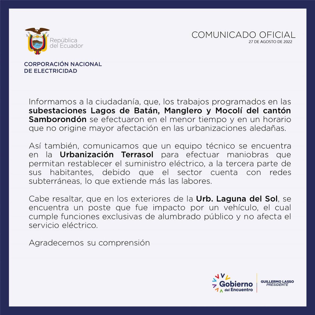 CNEL_EP's tweet photo. COMUNICADO | Informamos a la ciudadanía del cantón #Samborondón. https://t.co/MXbhnsB80s