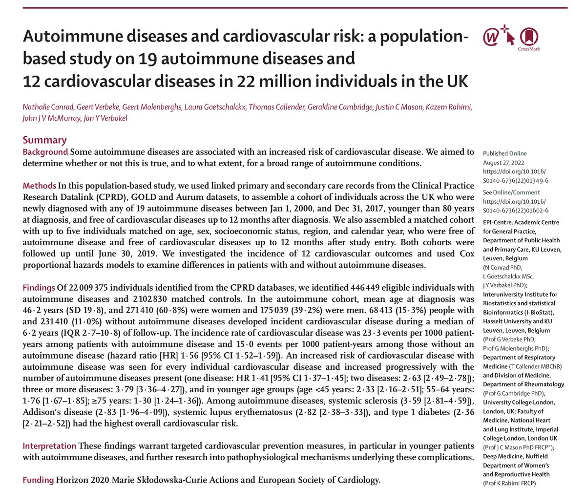 Really exited to share our latest paper - out today in @TheLancet with simultaneous #ESCCongress presentation: thelancet.com/journals/lance… We wanted to know whether patients with autoimmune disease had a higher risk of developing cardiovascular disease. A short 🧵