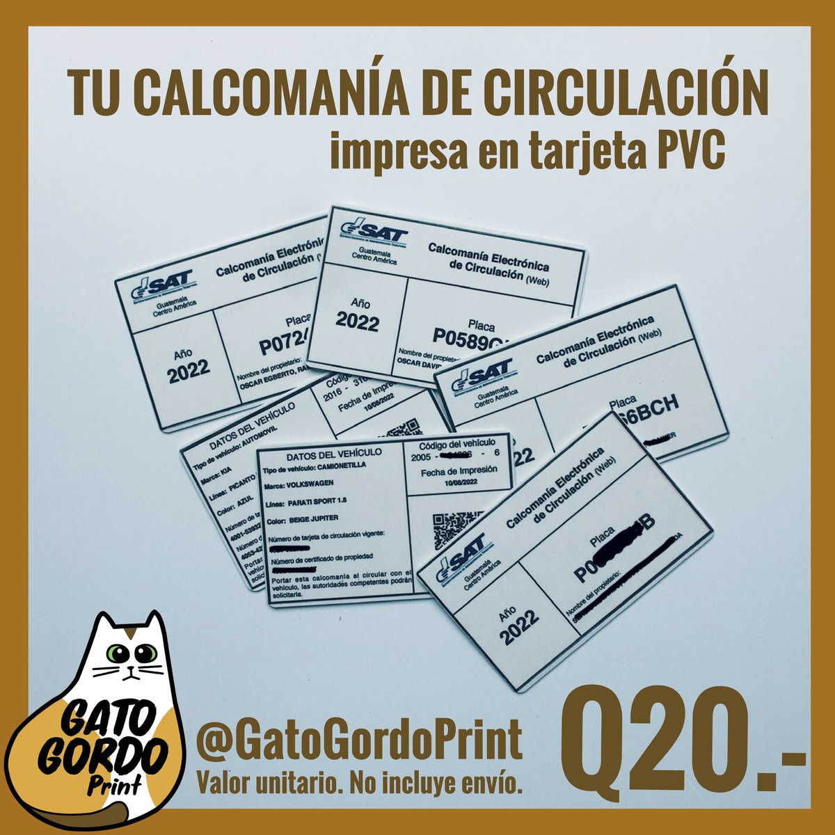 GatoGordoPrint's tweet photo. ✨CALCOMANÍA DE CIRCULACIÓN EN PVC✨Q20.- c/u (más envío)
#GatoGordoPrint imprime tu calcomanía de circulación en tarjeta rígida de PVC, duradera, presentable y fácil de llevar😺 DM para pedidos e instrucciones 📥 #Guatemala #Impuestodecirculacion 🇬🇹 https://t.co/seGeU8bycR