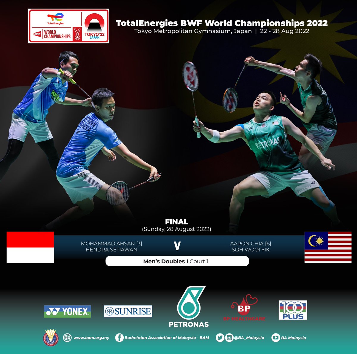 BA_Malaysia's tweet photo. #WorldChampionships2022 Order of Play

FINAL

⏰ 2.00pm (MYT)
📺 Court 1️⃣ Astro Supersports CH814
 
#DemiMalaysia
#BadmintonMalaysia https://t.co/cOINNCMnar