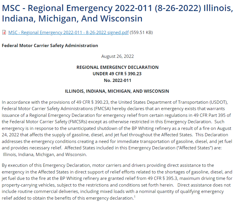 BREAKING: Michigan's Governor today declared an energy emergency and USDOT is waiving trucker hours in MI, IN, IL, and WI due to BP's Whiting, IN refinery being shut down due to a fire