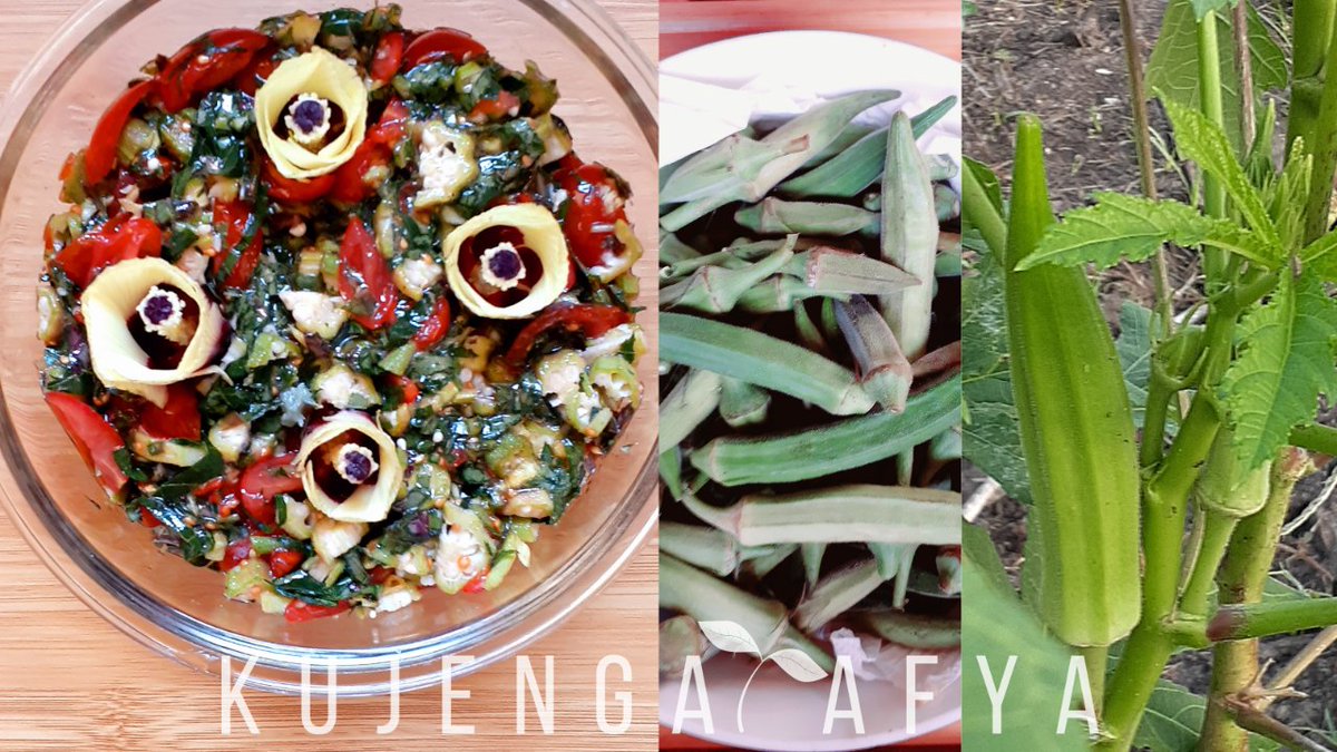 😋This #rawvegan dish I made with my homegrown OKRA PODS &amp; FLOWERS (which have anticancer &amp; antioxidant properties), tomatoes, kale &amp; herbs can serve as a salad &amp; relish, and aid pregnant women preparing for natural childbirth. #Plantbased #Vegan #Gardening #Herbs #PlantTwitter