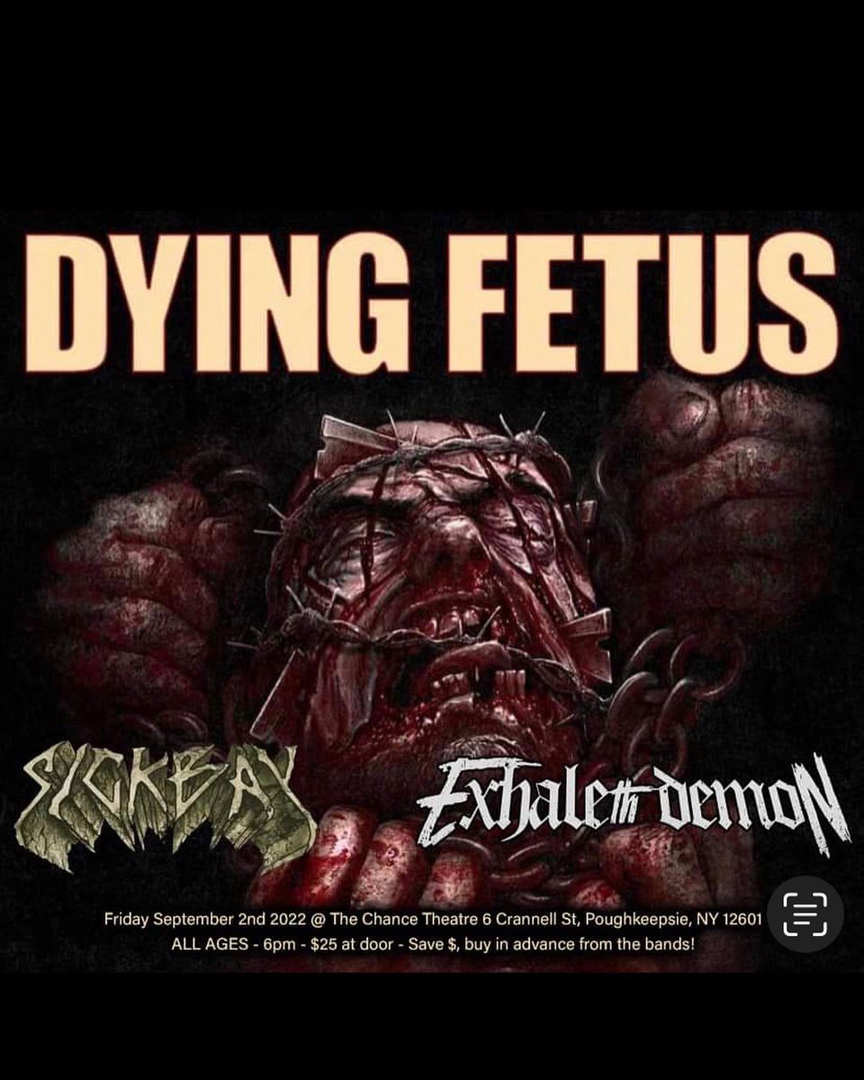 sickbaymetal's tweet photo. This Friday @TheChanceComplx in Poughkeepsie NY💀💀💀💀💀
@DyingFetusBand @sickbaymetal
#ExhaleTheDemonNYHC I##IDestroyer
Ready to lay down the pain🧨🧨💣💣💣🧨🧨
Hit us up for tickets. Fridays coming quick
See you all in the pit
@RedefiningDark Records #NYDM #HVDM https://t.co/I3G4i5T2PV
