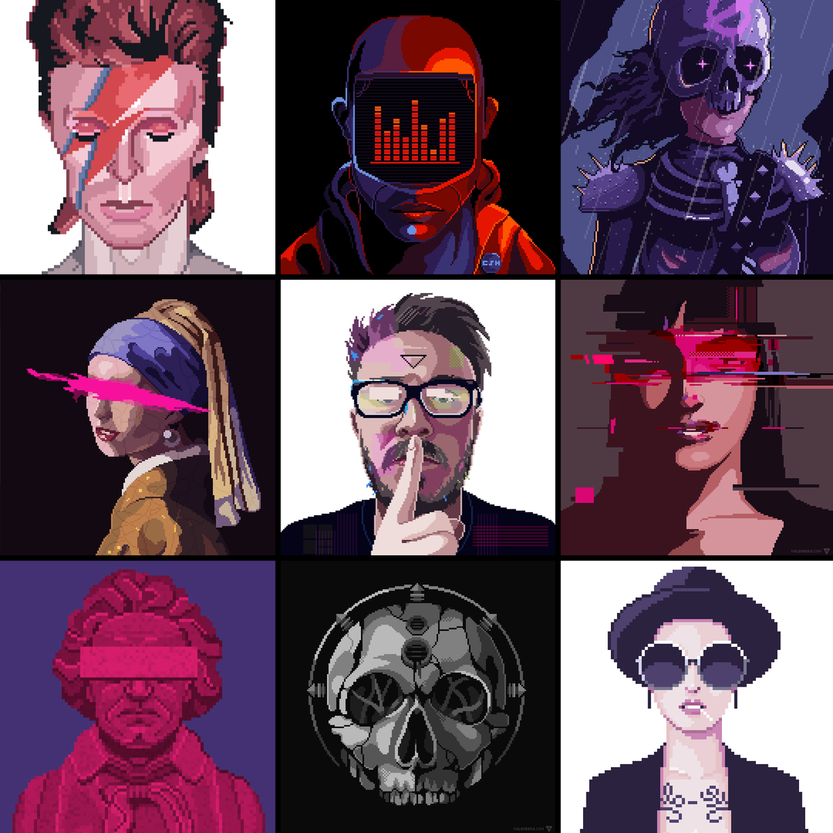 1) Bowie
2) Animation for chicago stagehand
3) Musicvideo for Zayde Wolf
4) Vermeer
5) Me
6) Glitch
7) Ludwig Van
8) Death
9) Fashion
#faceyourart #pixelart 