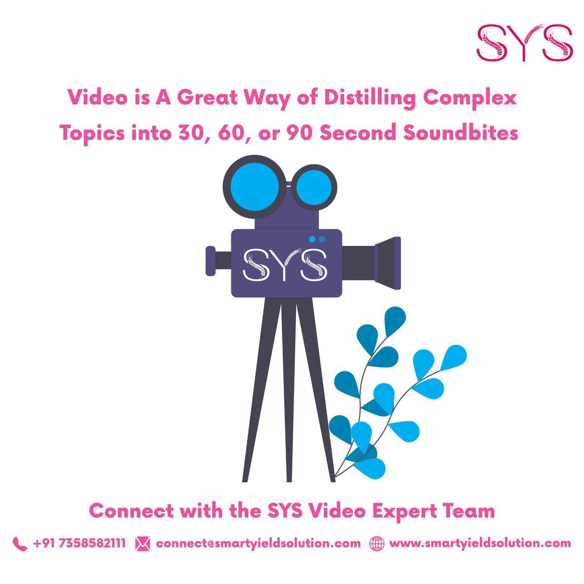 smart_yield's tweet photo. Video is A Great Way of Distilling Complex Topics into 30,60,or 90 Second Soundbites
Connect with the SYS Video Expert Team
Contact: +91 7358582111
Email: connect@smartyieldsolution.com
Visit: https://t.co/2idlZ9iE7O
#SYS #smartyieldsolution #videoproduction #videoagency #videoad https://t.co/6pUPD6TnBf