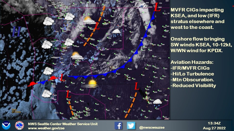 NWSCWSUZSE's tweet photo. A weak #ConvergenceZone was north of #KSEA #KBFI this morning, bringing low MVFR CIGs, haze, and some isolated reduced visibilities...expect flying conditions to improve through the late morning. Southerly winds prevailing in the short term.
#CWSU #ZSE https://t.co/rDXFV0cfid