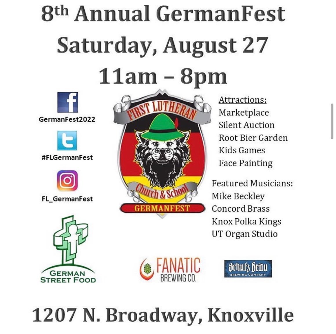 centFlatsNTaps's tweet photo. Saturday - August 27th - is the 8th Annual GermanFest! Be sure to stop by to help support First Lutheran! There will be lots of fun activities • a silent auction, face painting, a market place, and more! • 

1207 N. Broadway https://t.co/NHEpA07RKn