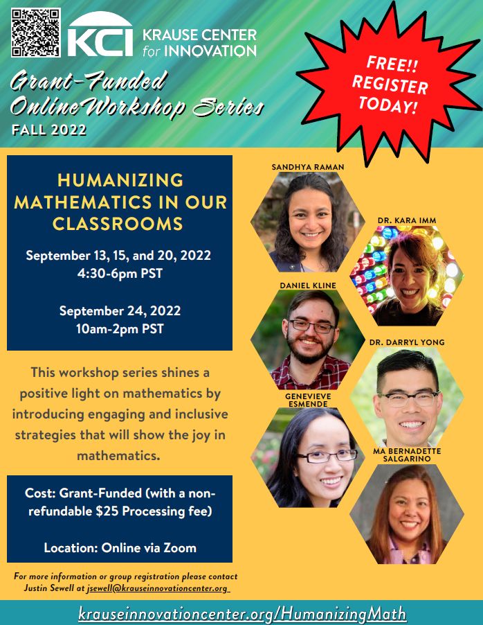 The KCI at Foothill College is putting on a math program this month called Humanizing Mathematics in Our Classrooms. Learn more here: bit.ly/3AUkXoV #KCIELLI #KCIMERIT #KCItogether #5DTC @CateTolnai @sandyraman