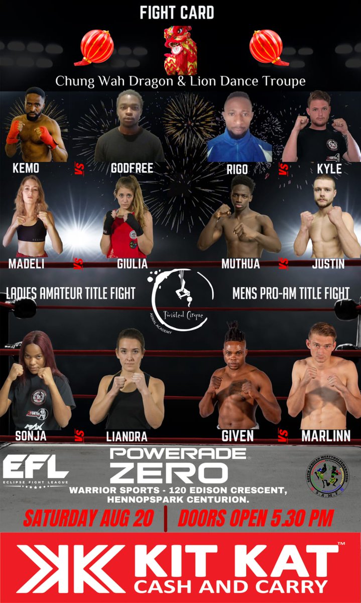 WattonKru's tweet photo. Get ready for an action packed #MuayThai fight night 🥊Event Starting at 7pm, YouTube link:https://t.co/YvJO1Tgdgx
The first Eclipse Fight League Title Fights!! @WSACenturion @Tshi_Nakanyane @razeenkitkat7 @Muhammed_KitKat @FaarisEbrahim #fighting #fightnight 🔥👌 https://t.co/EWPxdEk5sa