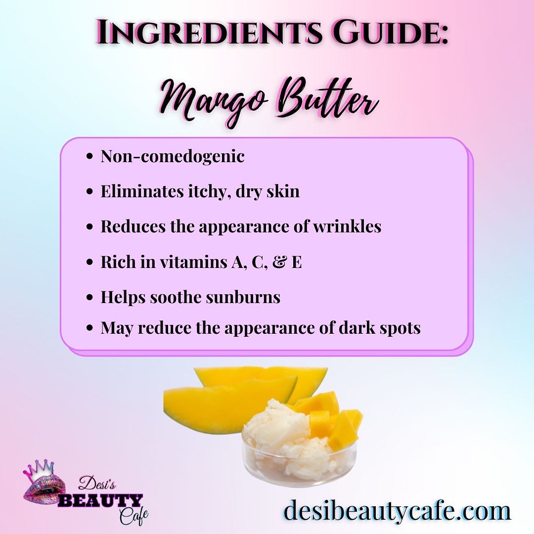 desibeautycafe's tweet photo. Hey Beauty Babes! Today's #IngredientsGuide topic is natural butters!✨Other than providing long-lasting moisture and softening skin, here are more benefits of each natural butter used in Desi's Beauty Cafe's Whipped Body Butter! 😍

https://t.co/sil29oXkBQ https://t.co/zzlysVtP5S