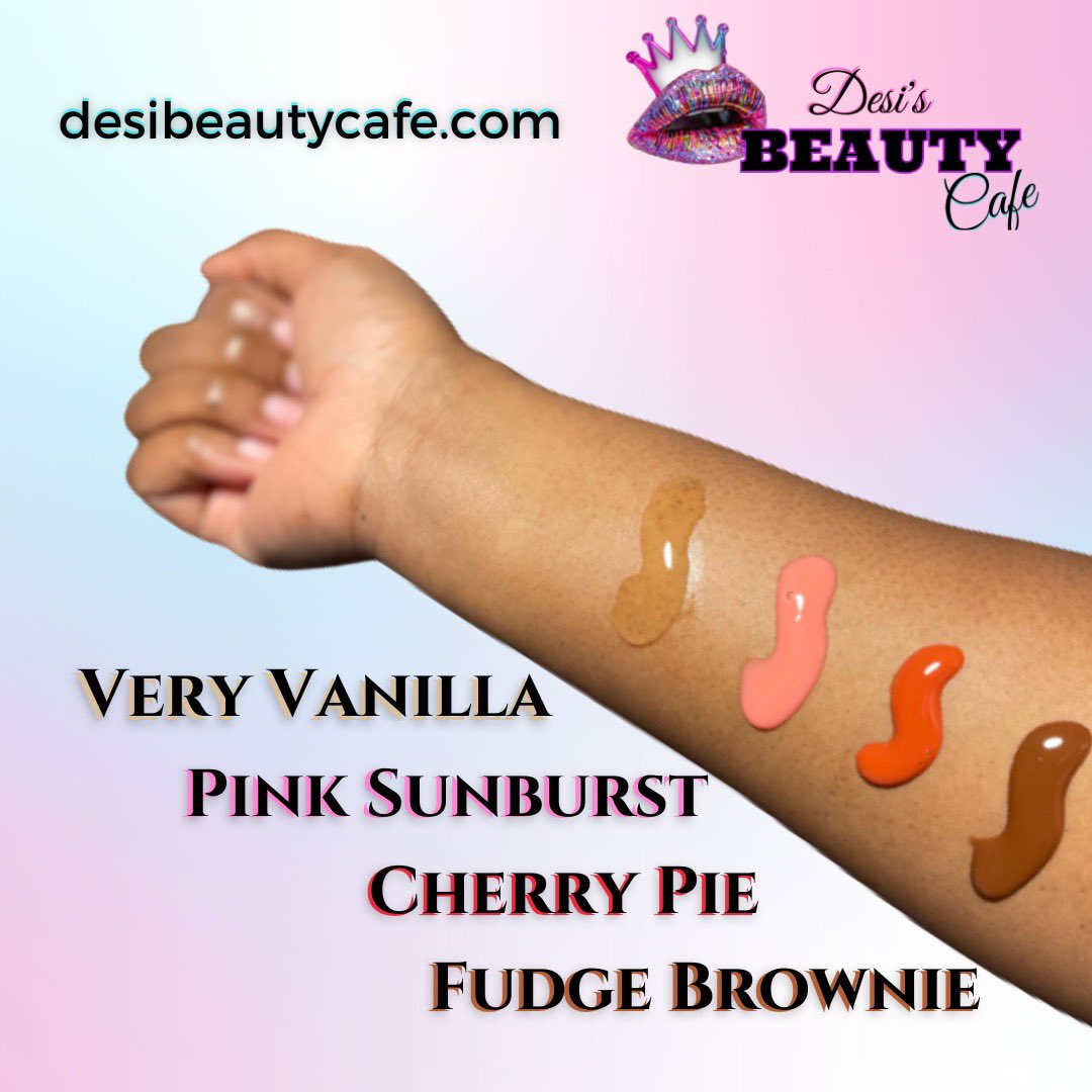 desibeautycafe's tweet photo. Hey Beauty Babes, keep your lips POPPIN' with our delicious-smelling glosses! 😍💋Here are our four lipgloss shades, SWATCHED! From left to right, we have Very Vanilla, Pink Sunburst, Cherry Pie, and Fudge Brownie.🍨🍓🍬🍫🍒🥧

Get your gloss TODAY! #smallbusiness #desibeautycafe https://t.co/Q5if8kyMcK