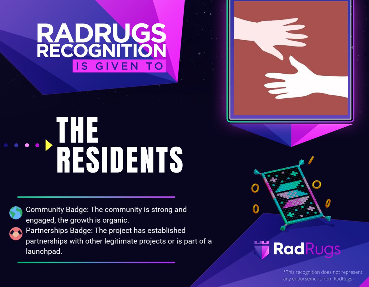 TheResidentsNFT's tweet photo. The Residents are SETTLING!๐
Happy to announce that we have been reviewed by @RadRugsApp , and received the RadRugs recognition.
We have achieved the LOW-RISK tier, alongside community and partnership badges in the thorough review process.
#TimetoSettle
#Solana #SolanaNFT https://t.co/NE994nVzti