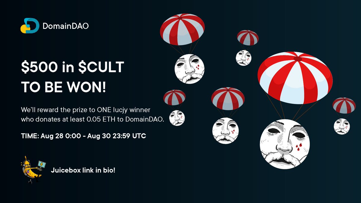 theDomainDao's tweet photo. 🎉Keep the giveaway party going!🥳
If you missed the @banklessDAO giveaway, here's a second chance (and the last chance!) As a thank-you to the @wearecultdao community, we'll give $500 in $CULT to ONE winner who donates 0.05 ETH or more between Aug 28 00:00 - Aug 30 23:59 UTC. https://t.co/Zdz2Ob0vRn