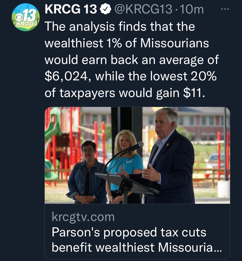 MoSenDems's tweet photo. More facts coming out about Gov. Parson’s Plan to stick it to the Middle Class so the top 1% can get a HUGE payday. 

If you’re a single filer, would you rather have a $500 check AND fully funded schools? Or …. $11 and a permanent revenue cut putting classroom funds at risk? https://t.co/HtLJzxvJtJ