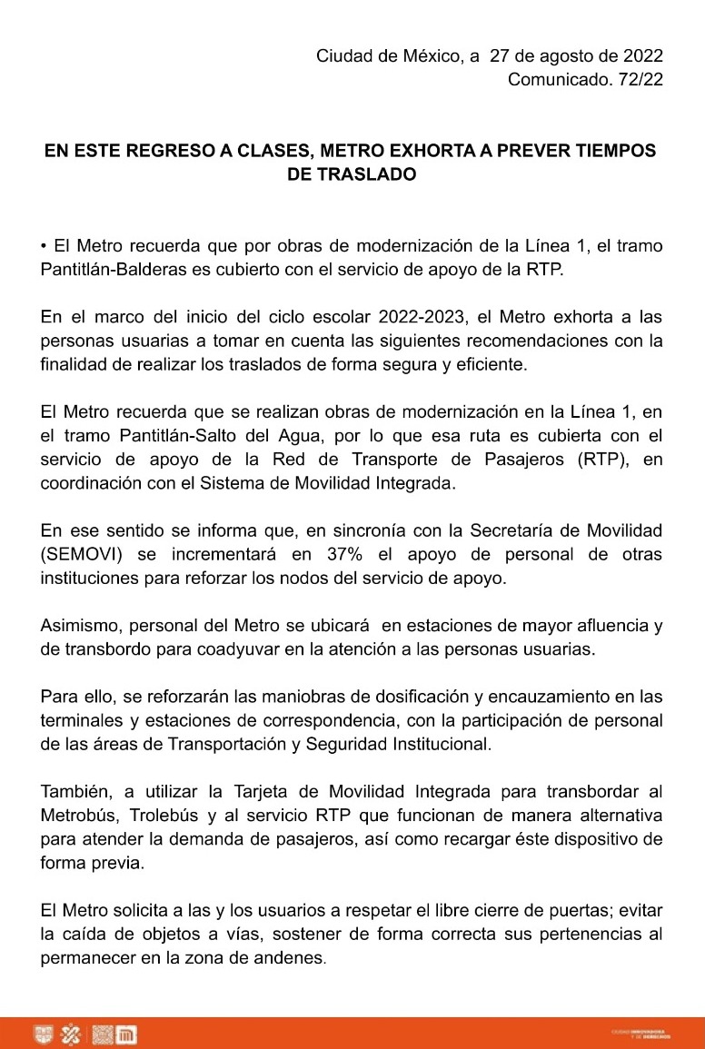MetroCDMX's tweet photo. En este #RegresoAClases, el Metro exhorta a prever tiempos de traslado. https://t.co/x4csP4wU76