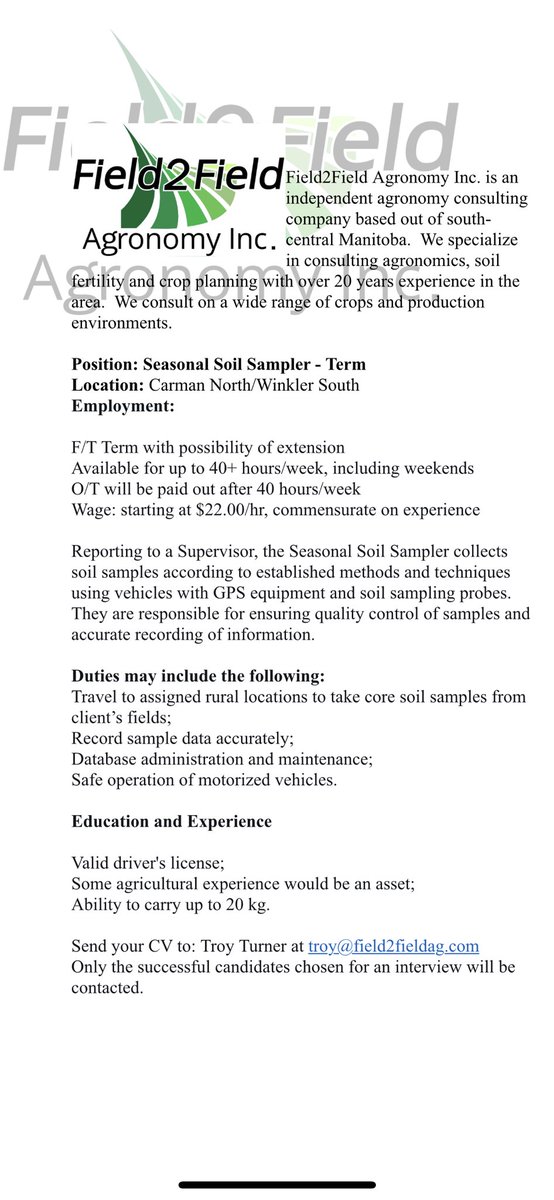 Field 2 Field Agronomy is currently looking to hire 2 to 3 individuals to operate our soil sampling trucks for this coming fall sampling season. If interested or know of someone, contact <a href="/troyfield2field/">Troy Turner</a>