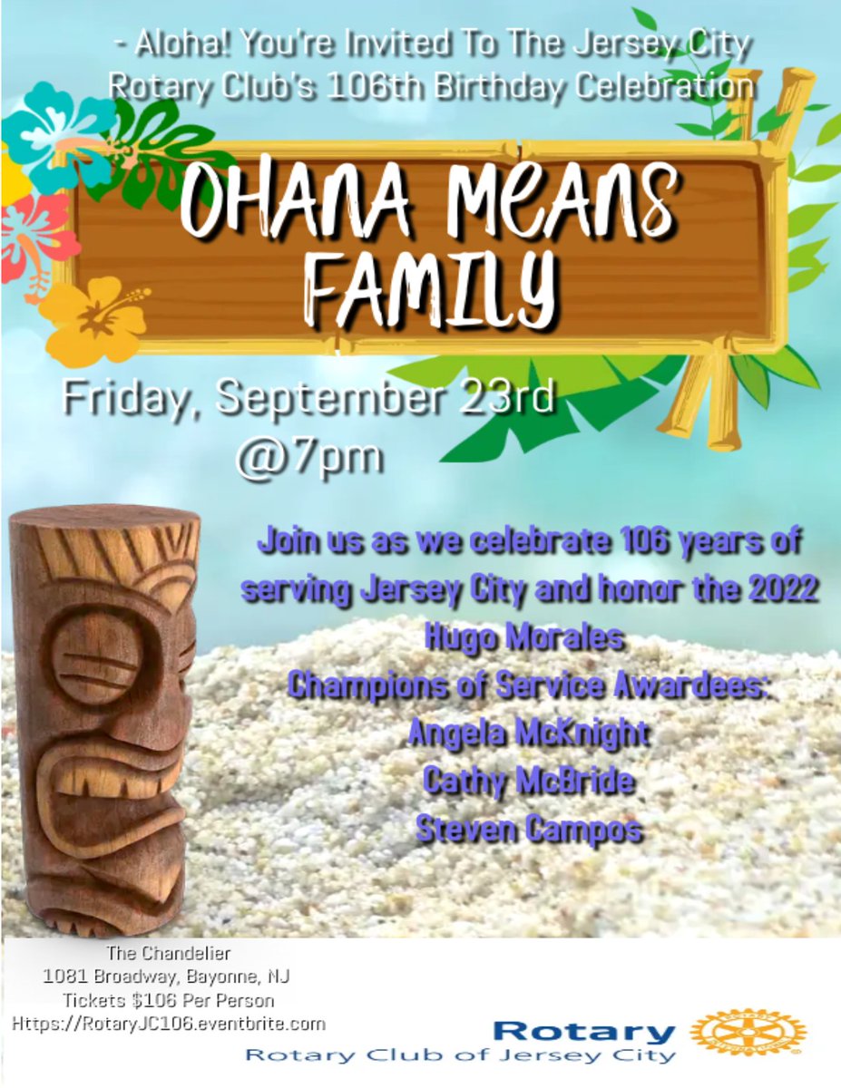 Join us on September 23 and help us to celebrate 106 years of our Jersey City Rotary Family along with our 3 distinguished honorees! #JCRotary #ImagineRotary #WeAreFamily #WeAreRotary #ServiceAboveSelf #PeopleofAction #CommunityLeaders