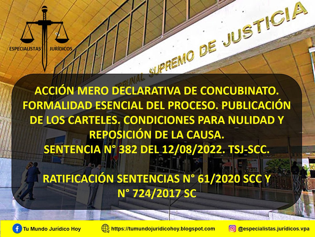 Furiamax's tweet photo. Sentencia N° 382 del 12/08/2022. TSJ-SCC. Acción Mero Declarativa de Concubinato. Formalidad Esencial del Proceso. Publicación de Los Carteles. Condiciones Para Nulidad y Reposición de la Causa
 
Ratificación Sentencias N° 61/2020 SCC y N° 724/2017 SC

https://t.co/K4EJY3azn1 https://t.co/7uOFGSIW4A
