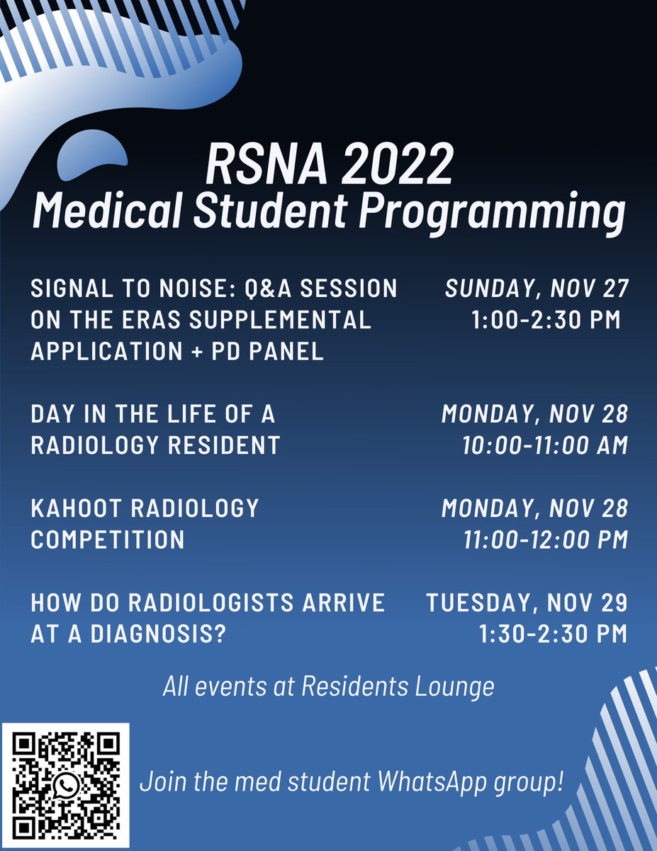 Excited to say that the <a href="/RSNA/">RSNA</a> MSTF has been working to put together med student programming for the 2022 <a href="/RSNA/">RSNA</a> Annual Meeting. More details to follow. Please join the WhatsApp for updates. Hope to see some of you there!