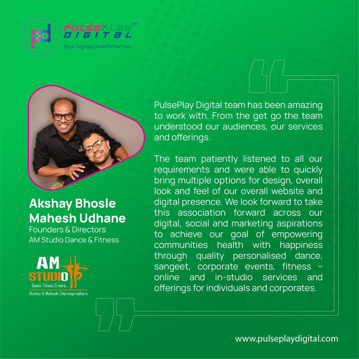 PulsePlayD's tweet photo. AM Studio Dance &amp; Fitness endeavours to creatively move people and communities across India and the world..

https://t.co/oMpMxS1YUu

#PulsePlay #Amstudio #ClientTestimonial #SocialMedia #SEO #DigitalMarketing #branding #animation #website https://t.co/miSLVneNn9