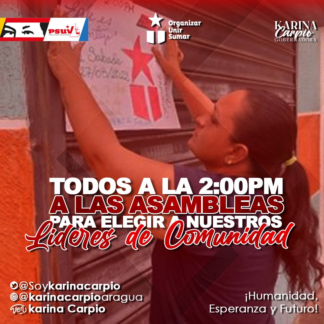 Te invito a tí Aragua a participar en cada asamblea en tu Comunidad, a las 2:00pm es la cita ¡Vamos juntos a seguir renovando el liderazgo de nuestro <a href="/PartidoPSUV/">PSUV</a>

¡Organizar, Unir y Sumar para Triunfar! 

#organizarunirsumar 
#ParaTriunfar
#PSUVporTodaVenezuela 

<a href="/NicolasMaduro/">Nicolás Maduro</a>
