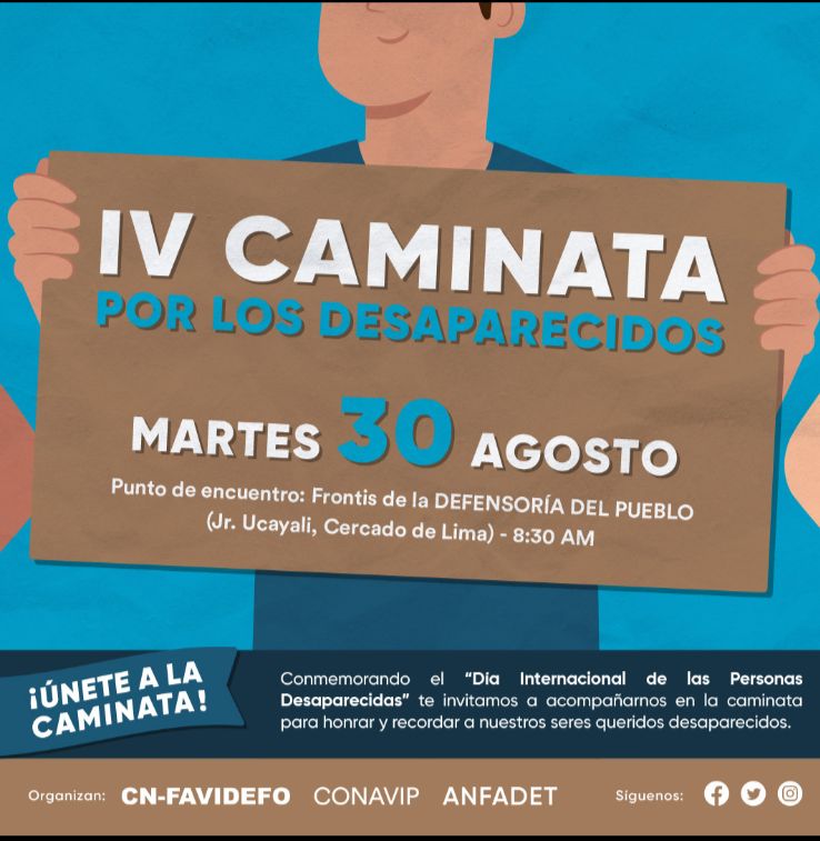 gluyeva's tweet photo. #hastaencontrarlos
#reune
#anfadet
Buenas Noches
Este 30 de agosto les pido de corazón que nos acompañen en la 4ta Caminata por Nuestros Familiares Desaparecidos
Punto de partida: Defensoría del Pueblo Jr Ucayali 394  Lima 
Día:  30 de Agosto Día Feriado
Inicio caminata 9.30 AM https://t.co/CbTi0RQjvK