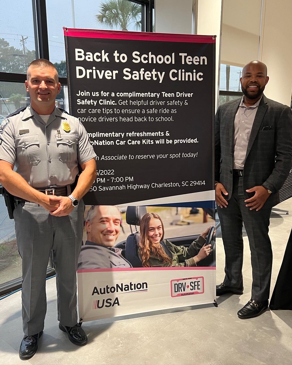 AutoNation's tweet photo. Our Teen Driver Safety Clinic in Charleston was great! Special thanks to Trooper Pye for speaking to teens about driver safety &amp; road laws. Our Associate, Seth showed the teens car some care tips! This is how we #GoBeGreat in the community. #DRVPNK #ONEAutoNation #Community https://t.co/IRbi8j4rPo