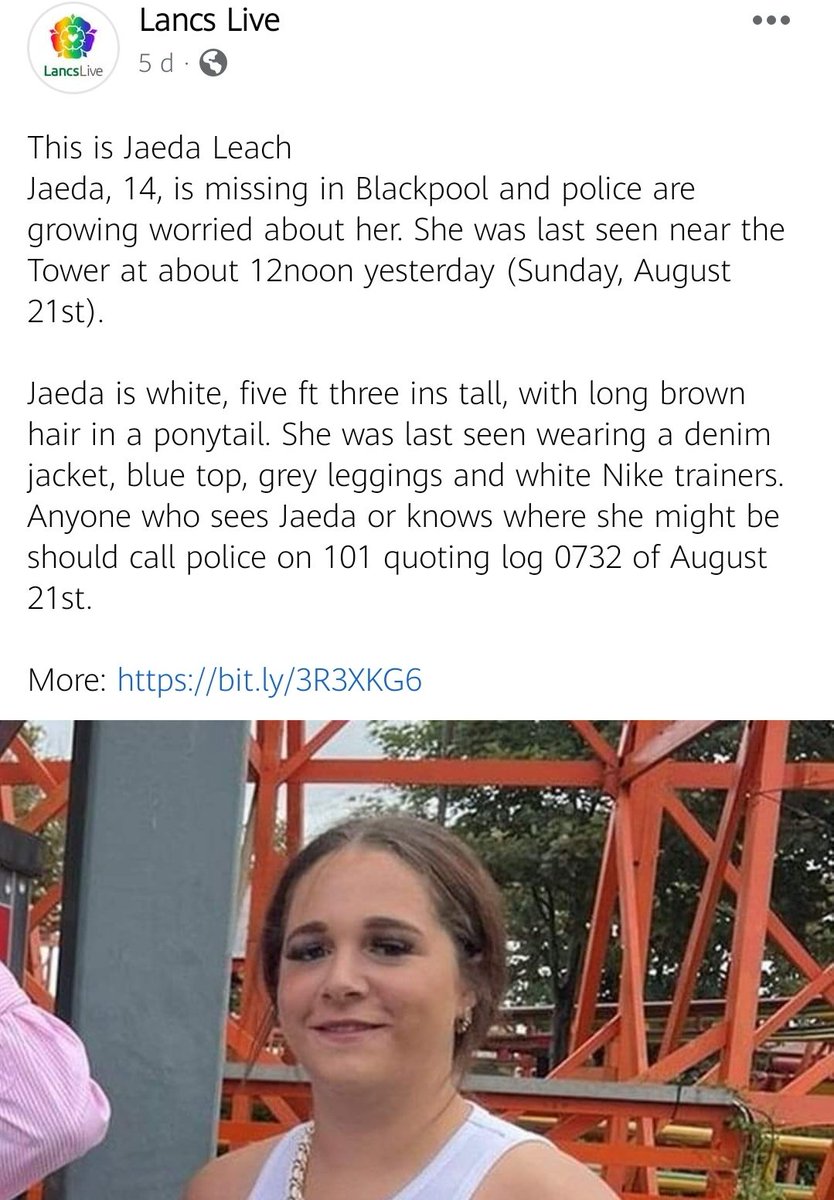 lostplanetearth's tweet photo. #JaedaLeach, 14, is #Missing🆘 in #Blackpool and #police are growing #worried about her. #Lastseen⚡ near the #Tower at about 12noon yesterday (Sunday, #August 21st).
Call 101 quoting log 0732. #UK #ukmissing #missingchildren
https://t.co/E5zV7QAeU5
https://t.co/XiVcJJb8rp https://t.co/clDzI9Anrc