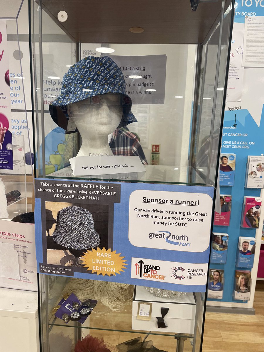 .<a href="/CRUKShops/">Cancer Research UK Shops</a> <a href="/hinckleytimes/">The Hinckley Times</a> <a href="/hinckleybid/">Hinckley BID</a> <a href="/RDDMid12/">Brenda L</a> 
For all you Greggs fans😀we have a rare bucket hat BNWT donated by our stock collector Brenda,she’s a geek😂 her words not mine😂come buy a ticket,choose a pin badge with every ticket bought so everyone’s a winner😀£1 a strip😀
