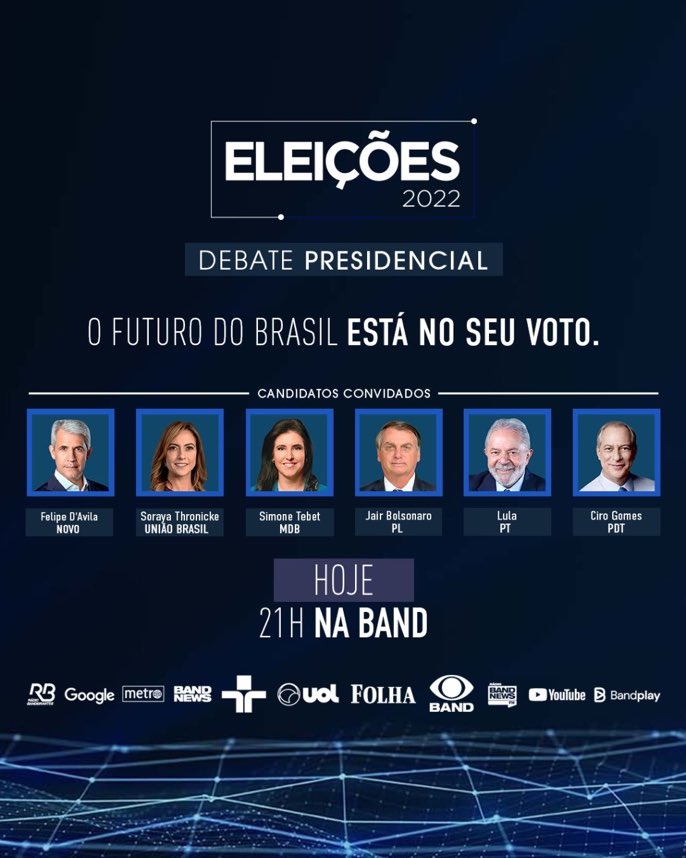 Debate histórico! Todos os candidatos confirmados! Como brasileiro, não tem nada mais importante e fundamental pra você fazer amanhã às 21 horas! Vem com a gente na <a href="/BandTV/">Band TV</a>
