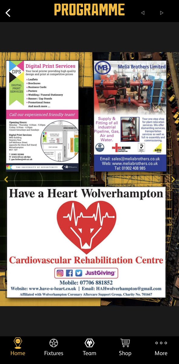 Our advert in the @Wolves vs @NUFC match day programme tomorrow #wolvesaywe #WOLVERHAMPTON #PremierLeague #cardiacrehab @wcasg79 @RWTCardiacRehab