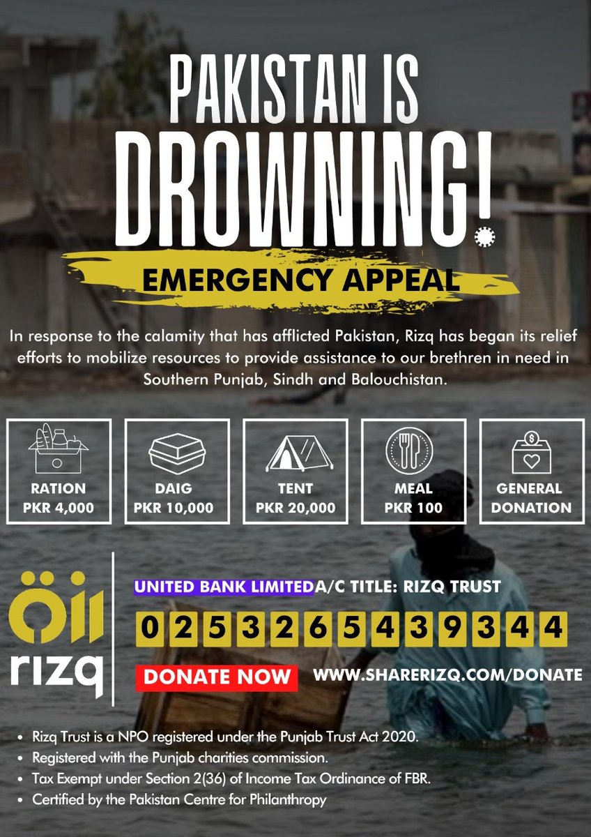 Help the most vulnerable and at-risk communities.
Donate now: 
sharerizq.com/en/campaigns/1…
For global donations please visit: launchgood.com/rizqfloodrelief
#FloodsInPakistan #FloodReliefOperations #Flood_NationalEmergency #FloodReliefFund2022 #ڈوب_رہا_ہے_پاکستان #FloodVictims #donate