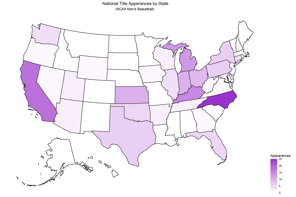 David Roycroft (@davidroycroft6) on Twitter photo Who are the real college basketball "blue bloods"? Here are a few quick graphs showing heat maps of NCAA title wins, losses, and appearances by state.
<a href="/ncsusac/">NC State Sports Analytics Club</a> Who are the real college basketball "blue bloods"? Here are a few quick graphs showing heat maps of NCAA title wins, losses, and appearances by state.
<a href="/ncsusac/">NC State Sports Analytics Club</a>