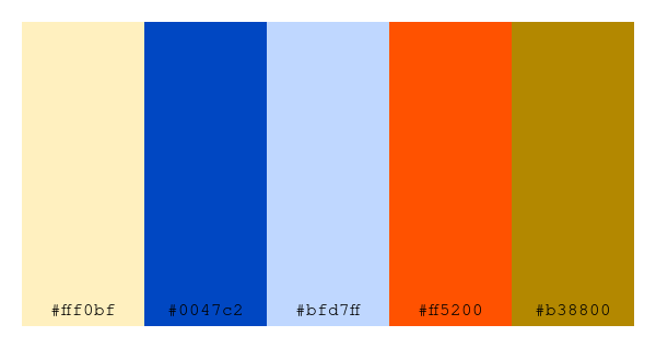 ColPaletteBot's tweet photo. Beep beep, here's a pretty color palette for you!
color-scheme.js parameters used:
- hue: 234
- variation: default
- colors: #fff0bf, #0047c2, #bfd7ff, #ff5200, #b38800
Have a lovely evening!
#twitterbot #colorpalette #colors #palette #prettycolors https://t.co/th5Fcg5wXY