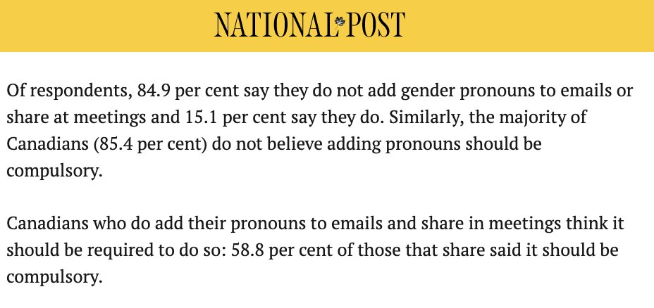 jonkay's tweet photo. fascinating data out of Canada that show how tiny minorities can force language change on everyone else. About 85% of survey respondents said they don't add pronouns to email. But among the 15% who *do*, a majority said that doing so should be compulsory
https://t.co/B2KgcIOWld https://t.co/h8yxtAc7J8