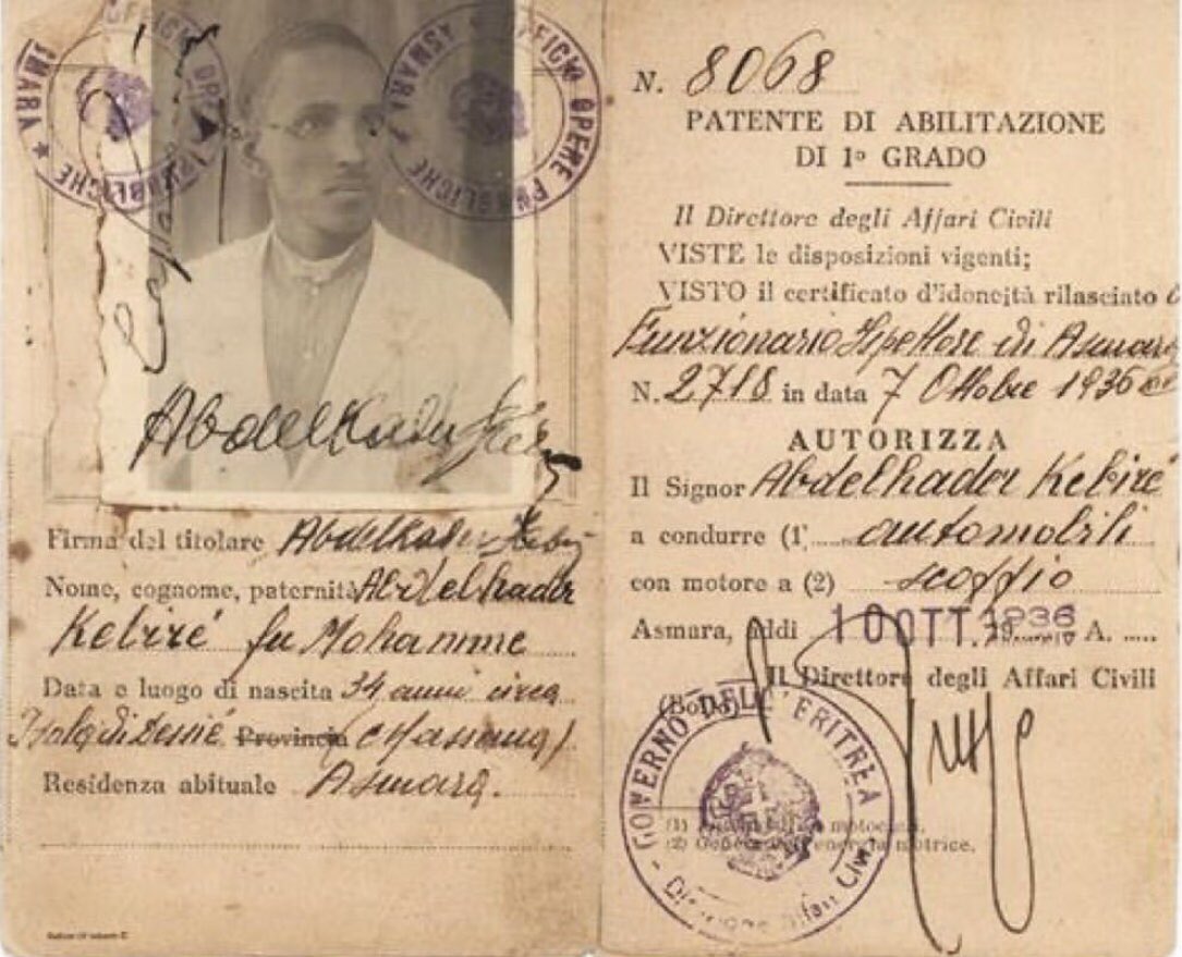eritreanarchive's tweet photo. Driving License of Abdul Kadir Kebire 1936

A promising Eritrean politician &amp; a Muslim League representative who was shot by unionist, (advocates for the union of Eritrea &amp; Ethiopia) while preparing to leave for New York, to attend the UN session regarding the future of Eritrea. https://t.co/B7dXxLOIVA
