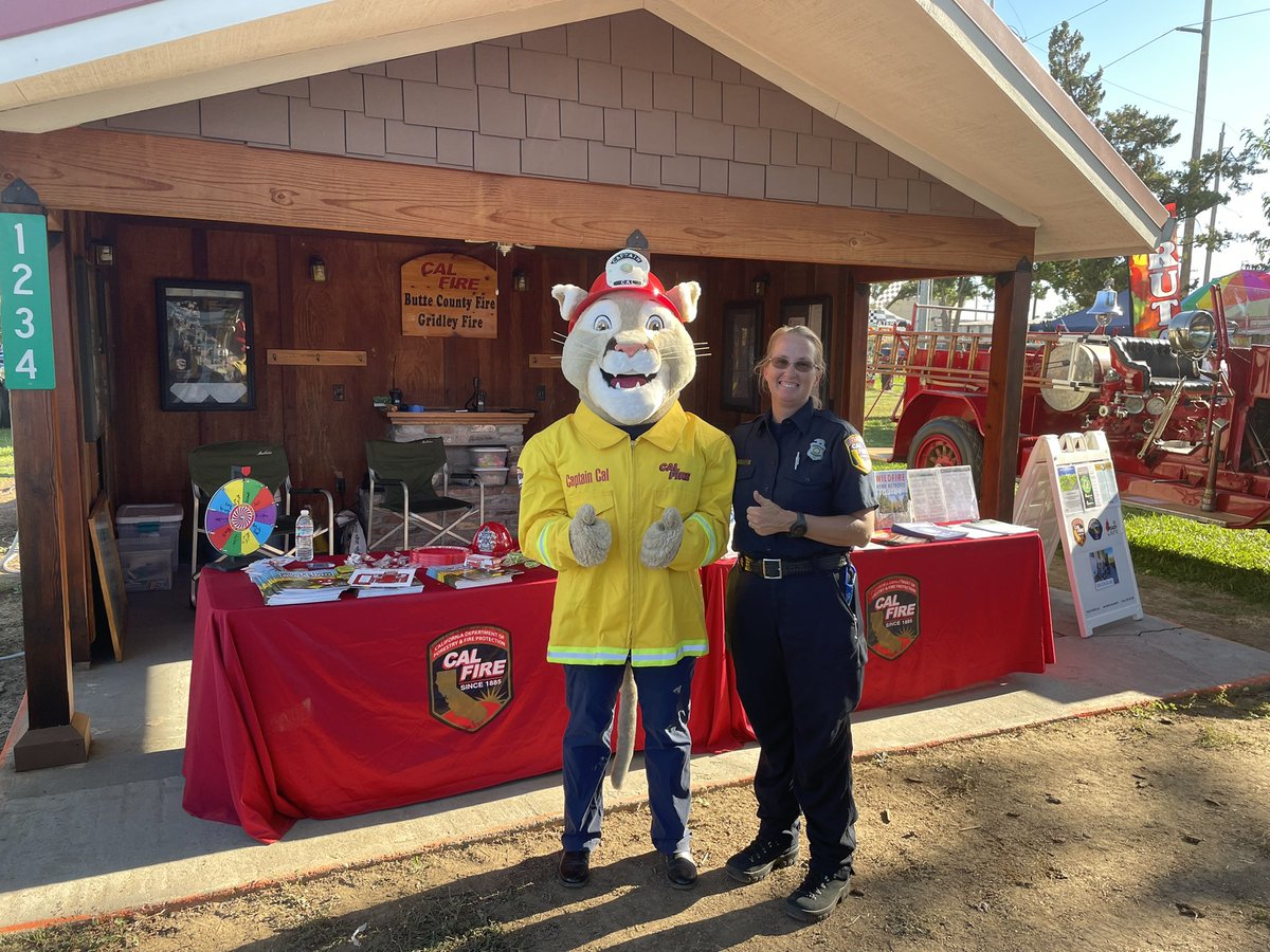 CALFIRE_ButteCo's tweet photo. It’s Fair Week!! Join us at the Butte County Fair in Gridley today and tomorrow. You may catch a glimpse of #CaptainCal or another of our mascot friends! Come see us at our Fire Prevention booth! https://t.co/mnnxAOj1UL