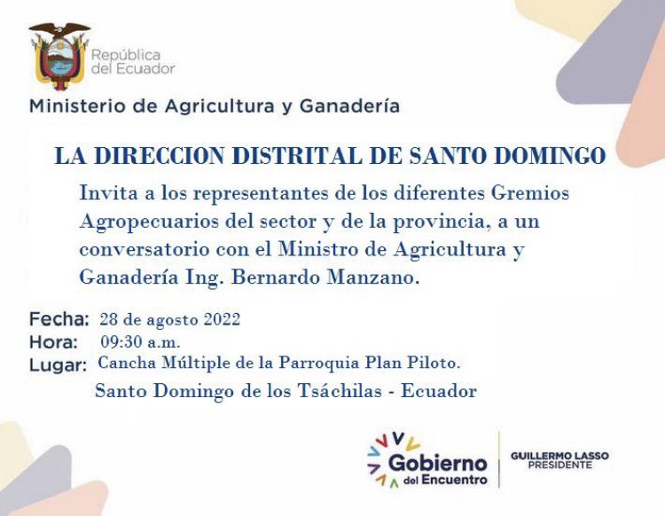 Alex_Padilla85's tweet photo. El MAG Santo Domingo hace una cordial invitación a todos los productores de la Provincia a participar de este gran evento, donde contaremos con la presencia del Ing. Bernardo Manzano Ministro de Agricultura y Ganaderia. Tendremos cabalgata y stands con agro-emprendimientos. https://t.co/GjtldHEVVD