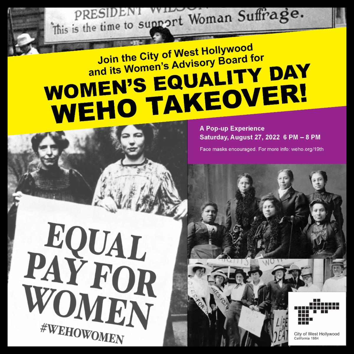 Hanging Out in WeHo Tonight? Don't Miss the Women's Equality Day WEHO TAKE OVER!  August 27, 2022 6 PM - 8 PM  Check out:  conta.cc/3wznRg2 #womensequality #womensrights  #wehowomen #suffragists #votingrights #equalpay #vote