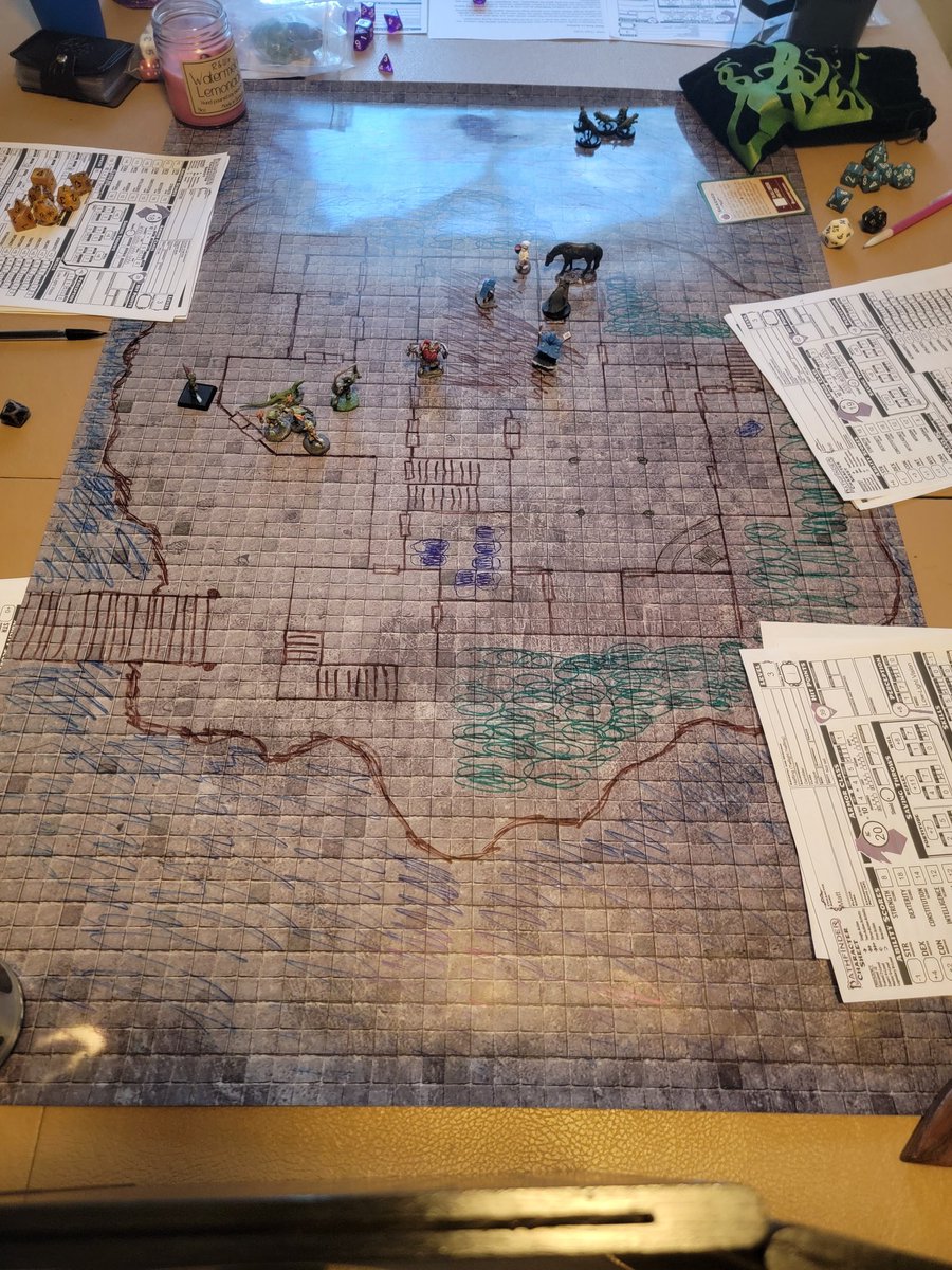 Brewsterinblack's tweet photo. Running a session of @paizo's  #riseoftherunelords in #pathfinder2e.  The PCs are facing off against Chief Ripnugget and his remaining men. The PCs ignored the throne room and now he is pursuing them.  It's an extreme encounter for 5 players. #gamemaster #ttrpg #dinnerbreak https://t.co/42Xhocs9iK