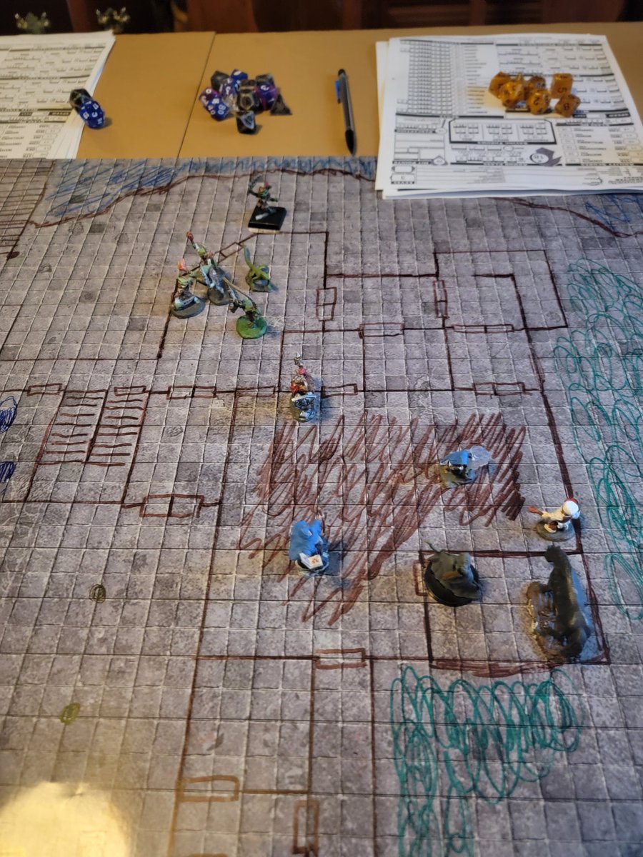 Brewsterinblack's tweet photo. Running a session of @paizo's  #riseoftherunelords in #pathfinder2e.  The PCs are facing off against Chief Ripnugget and his remaining men. The PCs ignored the throne room and now he is pursuing them.  It's an extreme encounter for 5 players. #gamemaster #ttrpg #dinnerbreak https://t.co/42Xhocs9iK