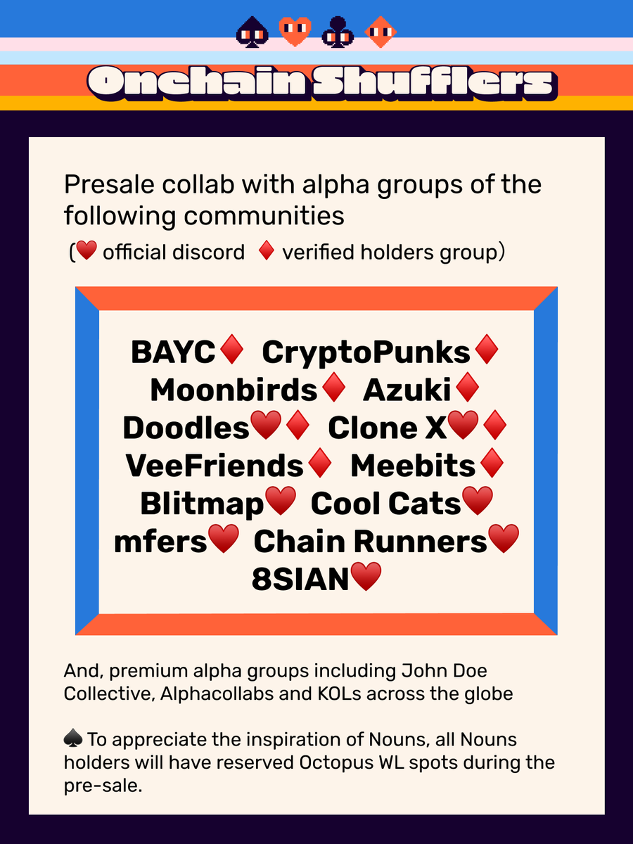 ShufflersNFT's tweet photo. 🎉So excited to announce our WL collaboration list today

❤️We are grateful to collaborate with communities/alpha groups from these amazing NFT projects：

@BoredApeYC @cryptopunks @moonbirds  @AzukiOfficial @doodles @RTFKT @veefriends @MeebitsNFTs @blitmap @coolcatsnft... https://t.co/QTYbpZ45zR
